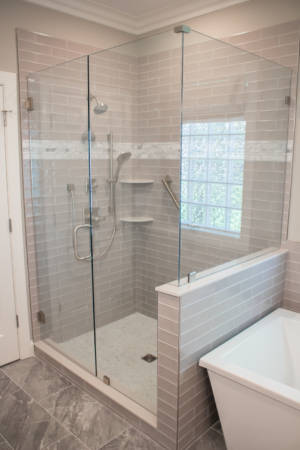 Franklin Tennessee bathroom Remodel walkin shower, grey subway tile, glass door