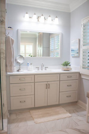 Brentwood Tennessee Bathroom Remodel Gray Vanity Marble Tile Quartz countertop