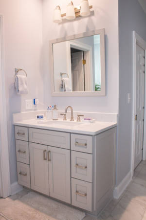 Brentwood Tennessee Bathroom Remodel Gray Vanity Marble Tile Quartz countertop