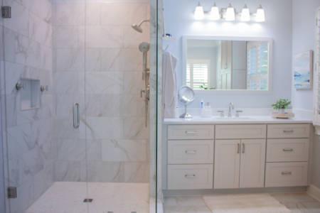 Brentwood Tennessee Bathroom Remodel Gray Vanity Marble Tile Quartz countertop Tile Shower
