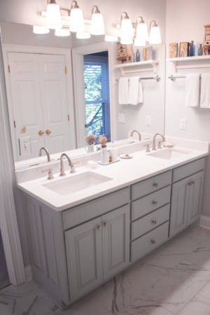 Brentwood Tennessee Bathroom Remodel Gray Vanity Quartz Countertop Marble Tile