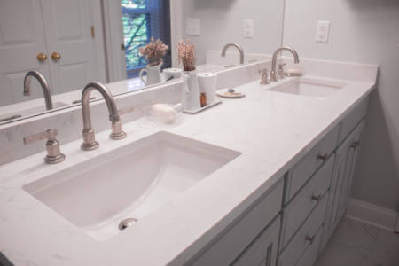 Brentwood Tennessee Bathroom Remodel Gray Vanity Quartz Countertop Marble Tile