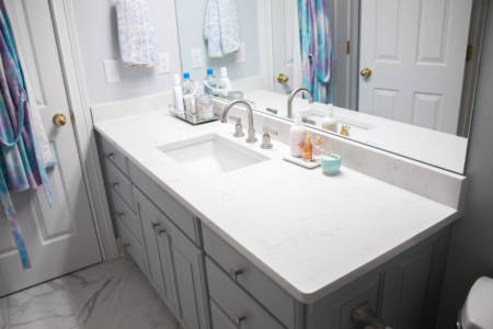 Brentwood Tennessee Bathroom Remodel Gray Vanity Quartz Countertop Marble Tile