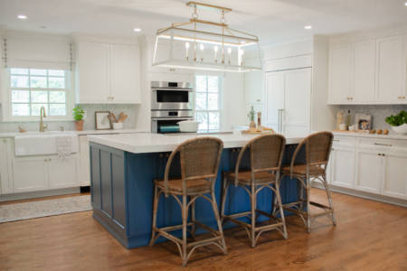 Brentwood Tennessee Kitchen Remodel White Cabinets Quartz Countertop Wood Floors Gold Hardware Blue Island Cabinets