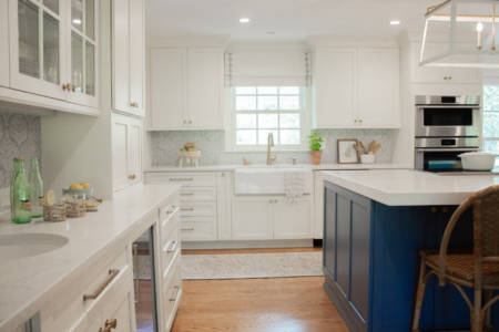Brentwood Tennessee Kitchen Remodel White Cabinets Quartz Countertop Wood Floors Gold Hardware Blue Island Cabinets