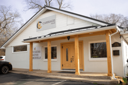 franklin tn home remodeling showroom, white building with wood posts, features cabinetry kitchen & bath displays